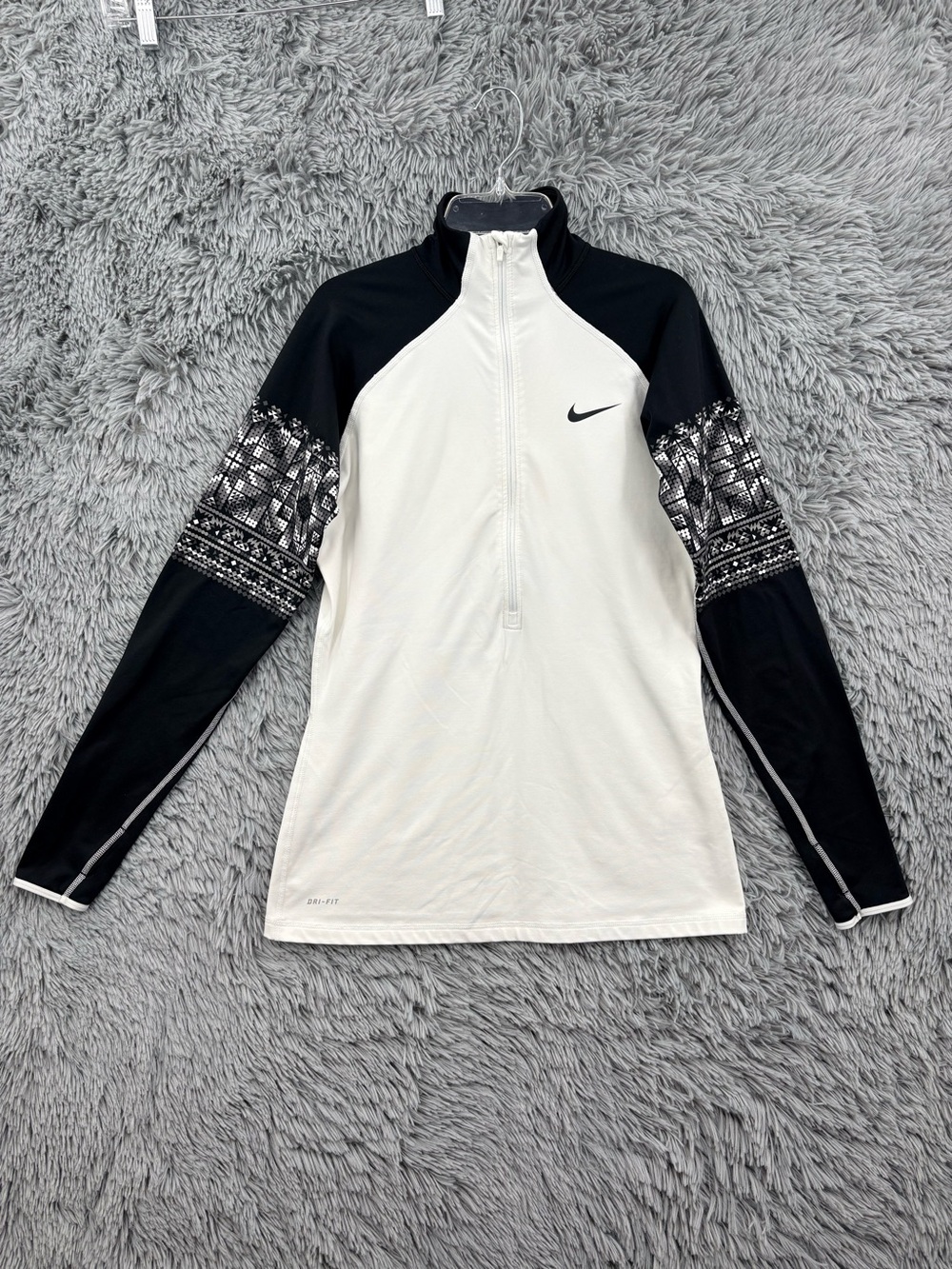 Nike Pro Dri Fit Top Womens Large White Black Mosaic Hyperwarm Half Zip Athletic